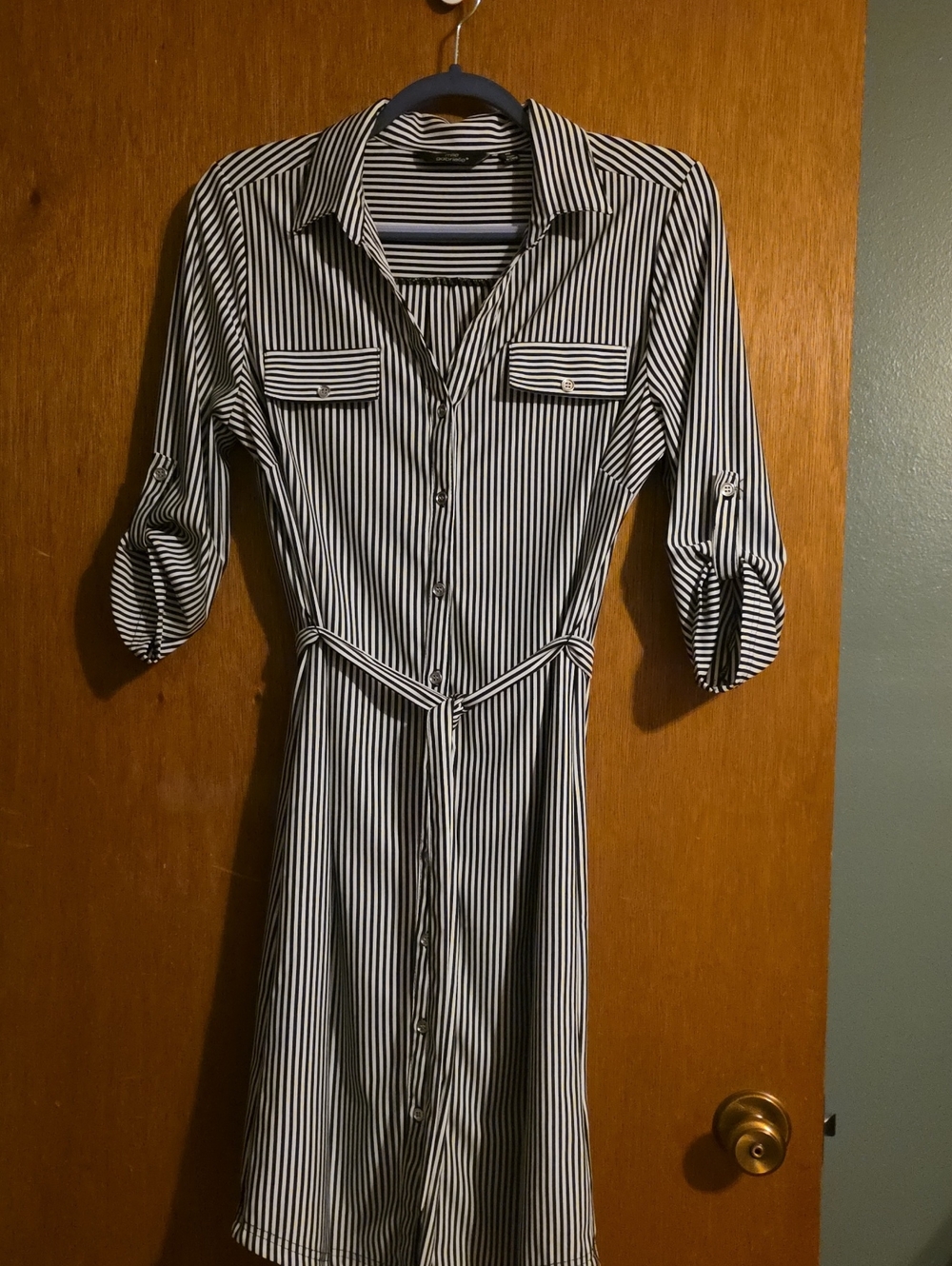 Mlle Gabrielle Black and White Vertical Stripe Midi Shirt Dress with Waist Tie